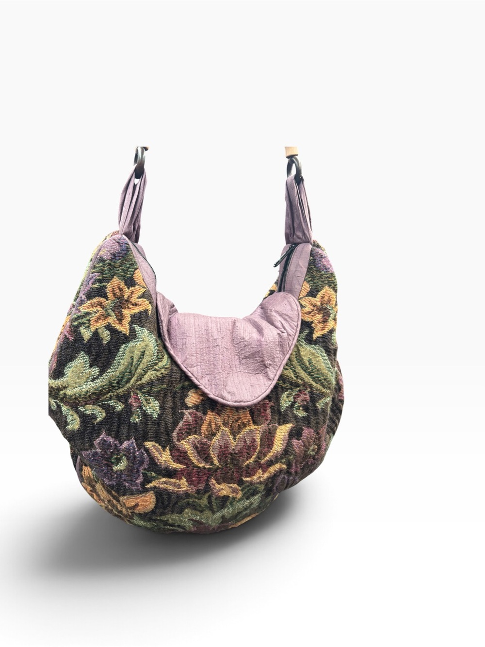 Floral Tapestry Hobo Shoulder Bag Beaded Strap Mauve Boho 17x15 - Picture 5 of 15